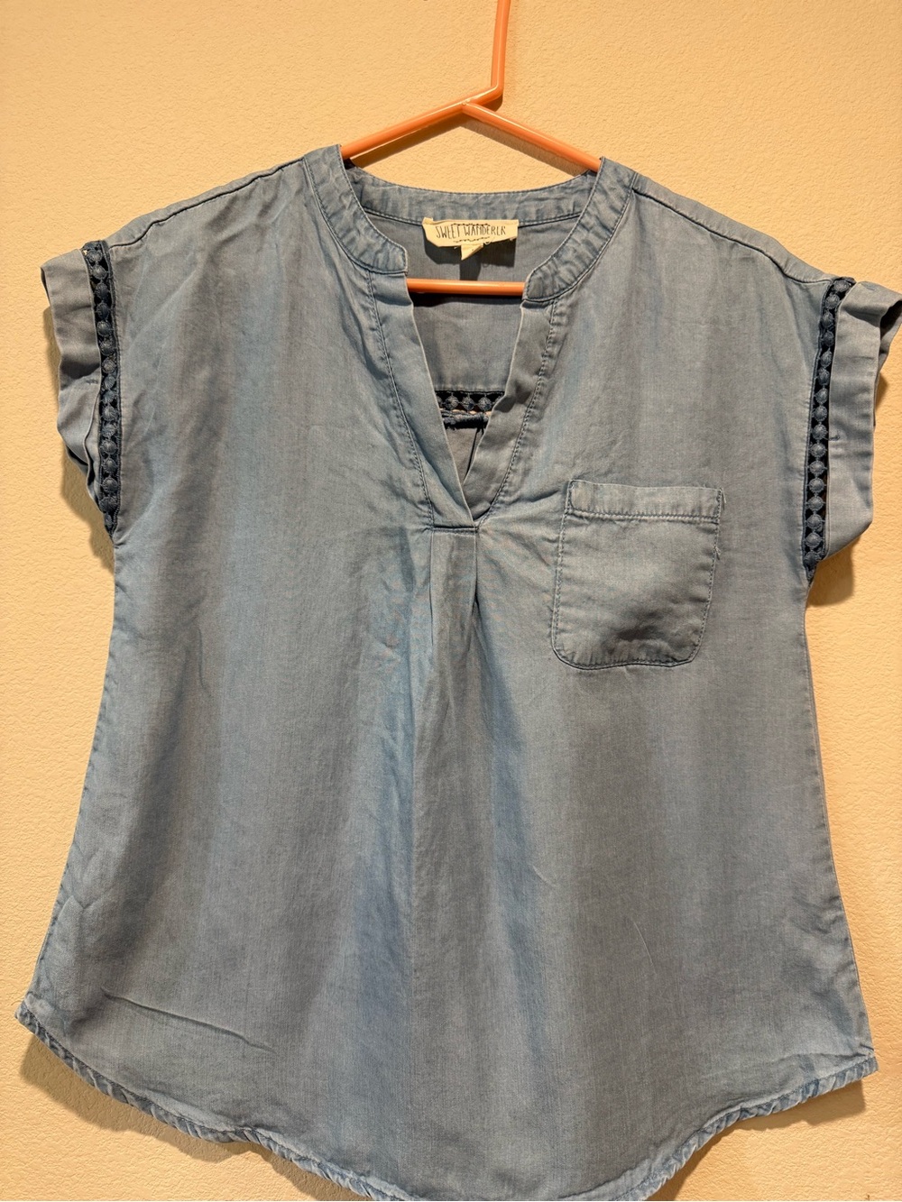 Sweet Wanderer Denim-Look V-Neck Chambray Blouse in Light Blue